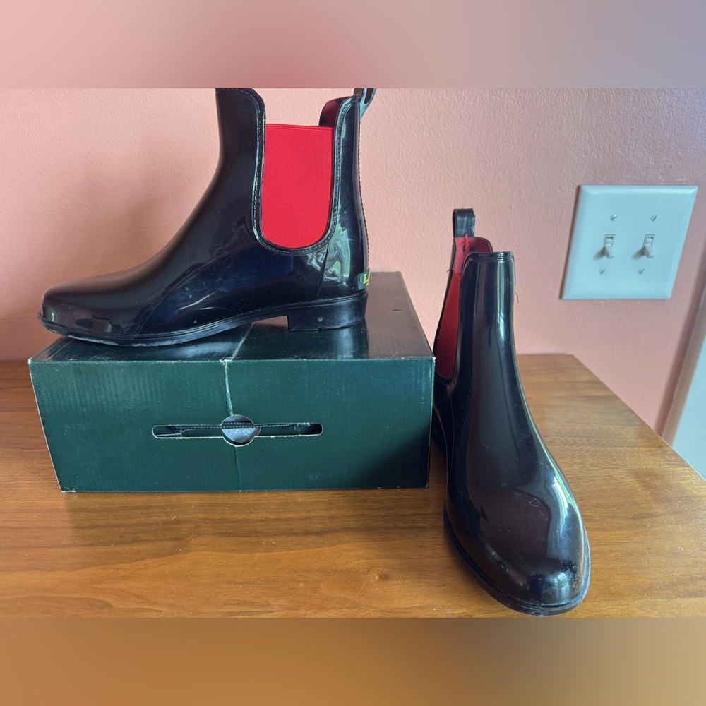 Lauren Ralph Lauren Black and Red Chelsea Rain Boots Size 7